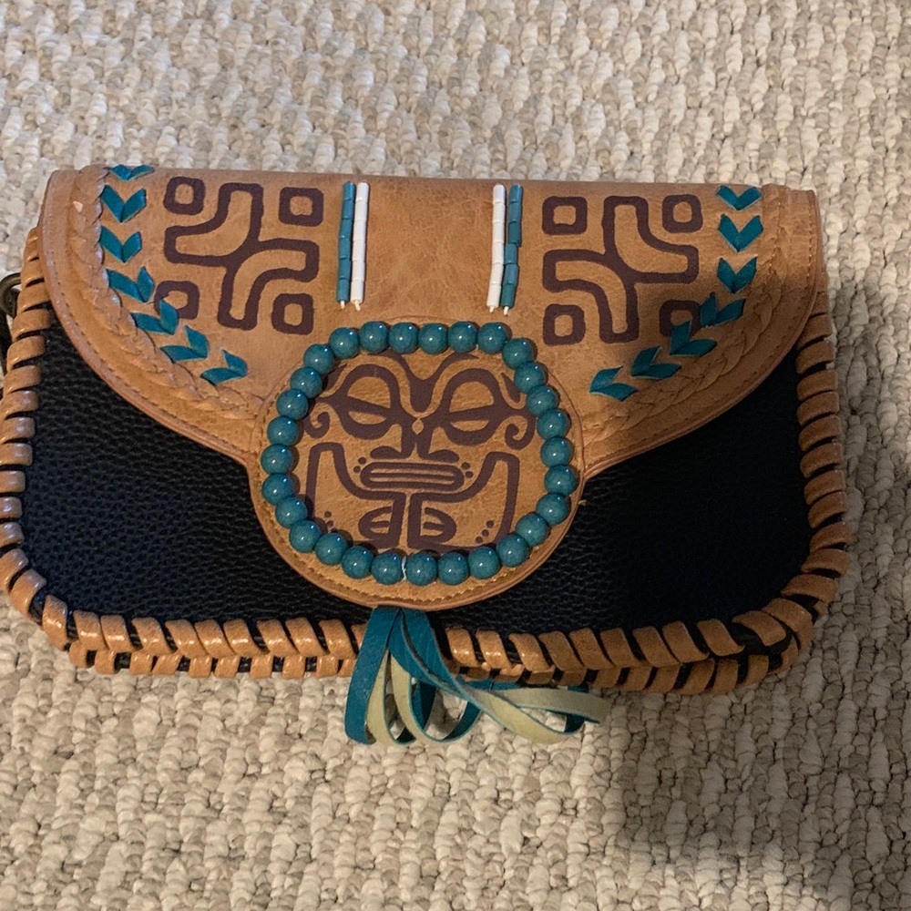 Black and Tan Beaded Tribal-Accent Leather Clutch
